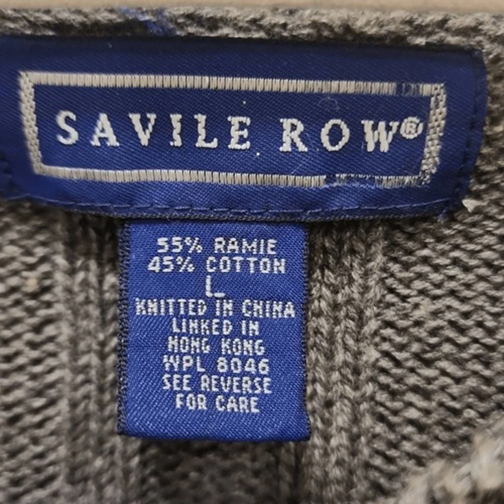 Savile Row Mens Large Striped Ribbed‎ Knit Sweater Grey Navy Ramie Cotton Blend